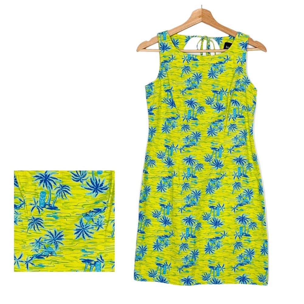 Vintage Tropical Palm Tree Print Dress by Bay Studio Small Petite 100% Cotton